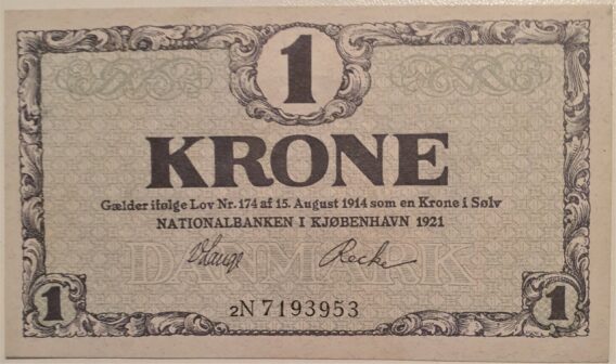 Dansk 1 krone seddel 1921 KV. 0/01 - Billede 3