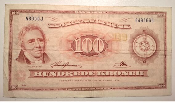 Dansk 100 krone seddel 1965 Erstatningsseddel kv.1+/1 - Billede 2
