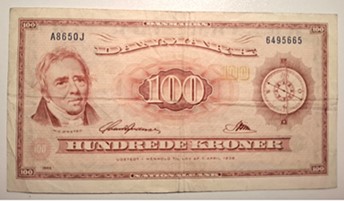 Dansk 100 krone seddel 1965 Erstatningsseddel kv.1+/1